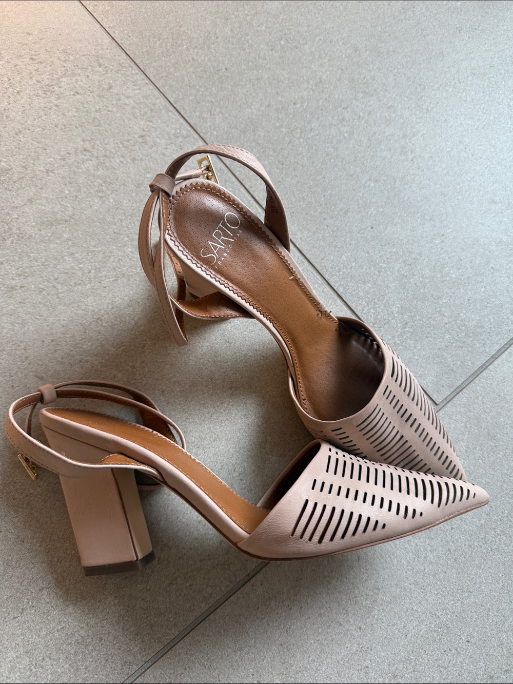 Franco Sarto A-Starla nude pink leather pointed perforated Ankle-Strap heels 8